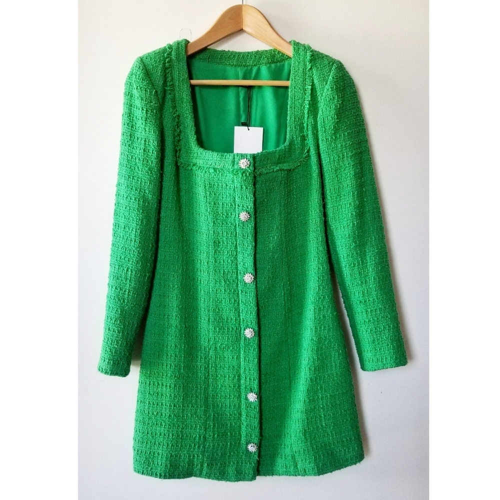 ZARA Green Tweed Long Sleeve Mini Dress